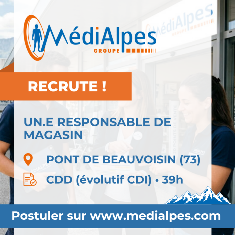Offre d’emploi : Responsable d’Agence – Développement Commercial & Matériel Médical (H/F) – PONT DE BEAUVOISIN (73)